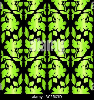 Motif sans couture de motifs floraux triangles. Ornement de fleurs magiques fondues. Décoration florale inspirée de la nuit d'été. Fleurs dégradé vert néon sur blac Illustration de Vecteur