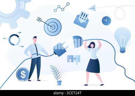 Connexion professionnelle. Hommes d'affaires avec des fils. Travail d'équipe, démarrage et fond de coopération. Concept B2B. Hommes d'affaires et éléments en bleu tendance Illustration de Vecteur