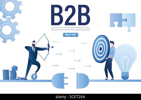 Connexion professionnelle. Homme d'affaires avec la cible et l'ampoule d'idée, homme investisseur tire d'un arc. Travail d'équipe, démarrage et fond de coopération. Concept B2B. Illustration de Vecteur