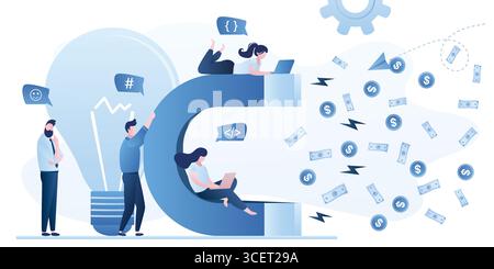 Groupe de gens d'affaires avec ampoule d'idée et aimant attire l'argent. Cherchez du capital de risque pour une nouvelle start-up. Crowdfunding, brainstorming et motivation bac Illustration de Vecteur