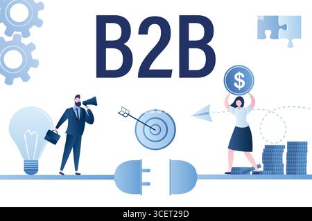 Connexion professionnelle. Homme d'affaires avec haut-parleur et ampoule d'idée, femme d'affaires tenant de l'argent. Travail d'équipe, démarrage et fond de coopération. Concept B2B Illustration de Vecteur