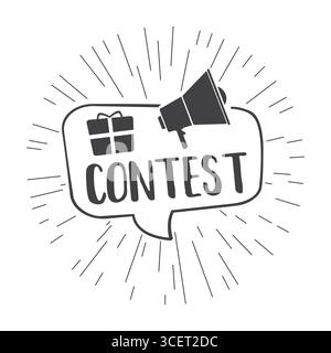 Haut-parleur, bulle de discours avec cadeau et texte - concours. Conception de doodle sur fond blanc. Modèle pour le web, les médias sociaux ou le blog. Prix de tirage au sort. Vecto Illustration de Vecteur