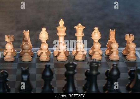 Pièces d'échecs blanches alignées sur un échiquier pour le début d'une partie. Les pièces sont alignées en face des pièces d'échecs noires sur un plateau de marbre Banque D'Images