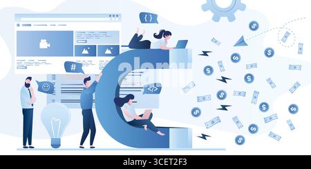 Groupe de développeurs web avec ampoule à idée et aimant attire l'argent. Cherchez du capital de risque pour une nouvelle start-up. Crowdfunding, brainstorming et motivation bac Illustration de Vecteur