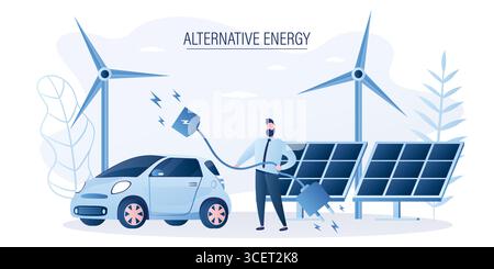 Concept d'énergie alternative. Générateurs d'énergie éolienne et panneaux solaires. Voiture électrique moderne, homme d'affaires tient le cordon de charge. Technologie verte, Eco Vehicle Illustration de Vecteur