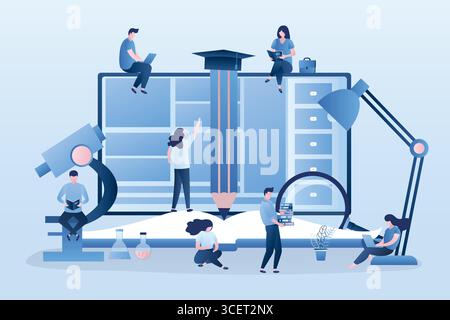 Enseignement à domicile ou concept d'éducation en ligne. Bannière de préparation à l'examen. Groupe de différents étudiants apprenant. Webinaire, cours vidéo et tutoriels. Scienti Illustration de Vecteur