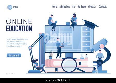 Modèle de page d'accueil de formation en ligne. Enseignement à domicile ou concept d'e-learning. Bannière de préparation à l'examen. Groupe de différents étudiants apprenant. Webinaire, vi Illustration de Vecteur