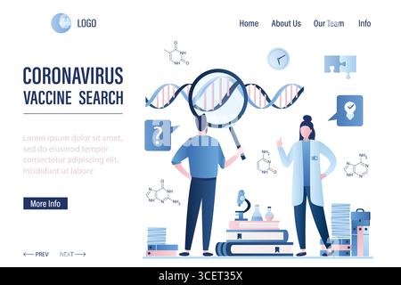 Modèle de page de renvoi de recherche de vaccins et de soins de santé. Les scientifiques étudient le virus moléculaire. Le laboratoire a inventé la guérison du nouveau coronavirus. Concept Web isola Illustration de Vecteur