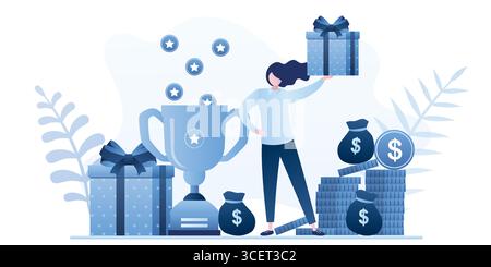 Heureuse femme consommateur tient dans la boîte cadeau de la main. Gagnez des points concept. Fidélité, programme de bonus avec prix et cashback. Programme de récompense pour les clients. Plat tren Illustration de Vecteur