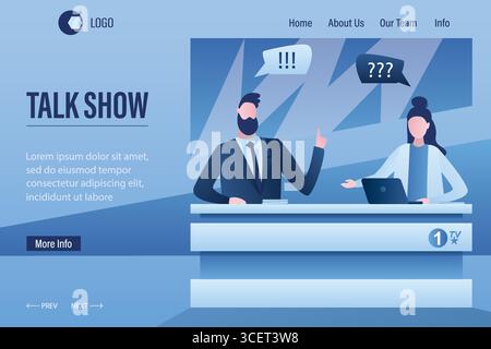 Modèle de page d'accueil de talk-show. Journaliste et invité parlant dans un studio de télévision moderne. Deux personnages sur le lieu de travail de la télévision. Interview, media entertainm Illustration de Vecteur