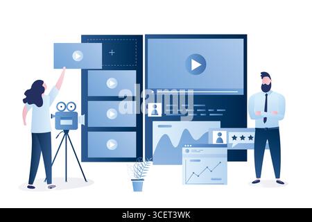 Plate-forme de marketing vidéo. Outils de création vidéo, lancez une campagne de marketing en ligne B2B engageante. Analyse et création de rapports sur les indicateurs clés. Hommes d'affaires, Illustration de Vecteur