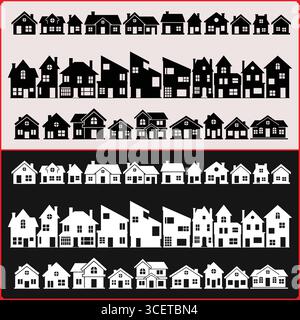 Rangées de silhouettes de maison en noir et blanc avec des dessins et styles architecturaux variés montrés Illustration de Vecteur