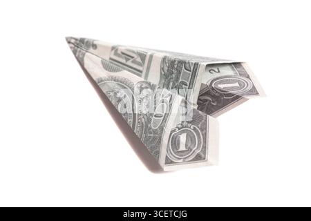 Argent Origami avion d'un billet d'un dollar isolé Banque D'Images