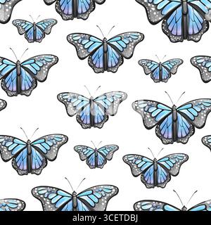 Beau motif sans couture avec des papillons bleus sur un fond blanc idéal pour l'artisanat et les dessins de papier peint pour toute occasion ou projet Illustration de Vecteur