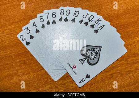 Ensemble complet de pique dans la carte à jouer posée sur la table. Banque D'Images