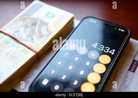 Diffusion des billets de banque zloty polonais sur le bureau avec la calculatrice Banque D'Images