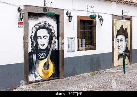 Funchal, Madère, Portugal - 10 juillet 2025 ; portes de maisons dans le centre historique de Funchal peintes par des artistes. Photo de haute qualité Banque D'Images