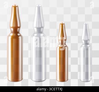 Ensemble d'ampoules médicales en verre, ampoule brune et transparente. Emballage de vaccin, anticorps anti-virus, emballage de récipient pharmaceutique. vecteur 3d réaliste Illustration de Vecteur