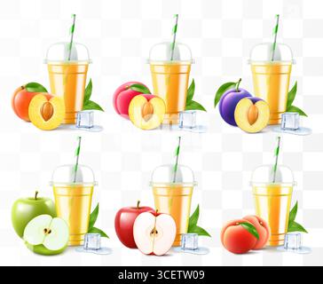 Ensemble de gobelets en plastique transparent avec jus ou smoothie. Tasse avec capuchon sphérique pour milkshake, limonade. Shake biologique fruité avec différents fruits exotiques. Illustration de Vecteur