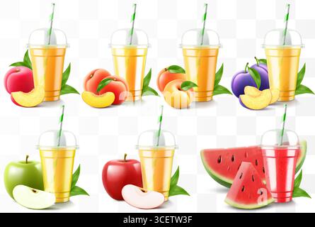 Ensemble de gobelets en plastique transparent avec jus ou smoothie. Tasse avec capuchon sphérique pour milkshake, limonade. Shake biologique fruité avec différents fruits exotiques. Illustration de Vecteur