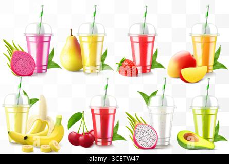 Ensemble de gobelets en plastique transparent avec jus ou smoothie. Tasse avec capuchon sphérique pour milkshake, limonade. Shake biologique fruité avec différents fruits exotiques. Illustration de Vecteur