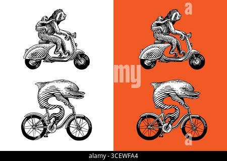 Personnages d'animaux sur le véhicule. Paresseux avec un bébé sur un scooter et un dauphin sur un vélo. Concept moderne au look vintage. Gravure dessinée à la main, gravure sur bois Illustration de Vecteur
