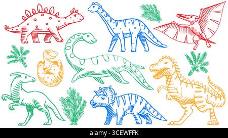 Ensemble de dinosaures. Illustrations dessinées à la main esquissées pour les vêtements d'enfants, enfantine. Tyrannosaurus, pthylodatctyle, brontosaurus. Illustration de Vecteur