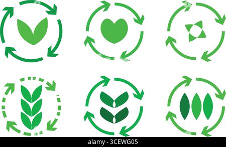 Flèches de recyclage respectueuses de l'environnement avec des icônes vectorielles organiques de feuilles vertes définies pour l'environnement renouvelable Illustration de Vecteur