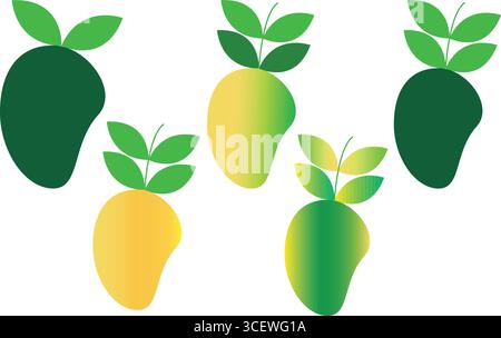 Icônes vectorielles de fruits de mangue tropicaux frais définies avec des graphiques d'illustration d'aliments sains organiques feuilles vertes Illustration de Vecteur