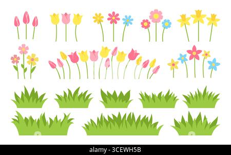 Fleurs séparées et herbe verte floraison printanière vue de face. Camomille de jonquille de marguerite tulipe, bourgeons avec des tiges, illustration colorée minimale plate de dessin animé. Palette douce, mélange végétal décoratif Illustration de Vecteur
