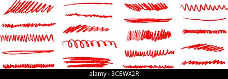 Jeu de lignes de course de pinceau grunge rouge. Collection soulignement et emphase de crayon dessinée à la main. Bouquet de gribouilles et gribouilles pastel mouillées ou sèches. Vecteur craie rugueuse croquis de charbon de bois zig zag et squiggles Illustration de Vecteur