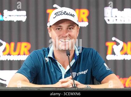 Atlanta, Géorgie, États-Unis. 19 août 2025. Justin Thomas (États-Unis) s’adresse aux médias avant le championnat du CIRCUIT 2025 à East Lake Golf Club. (Crédit image : © Debby Wong/ZUMA Press Wire) USAGE ÉDITORIAL SEULEMENT ! Non destiné à UN USAGE commercial ! Banque D'Images