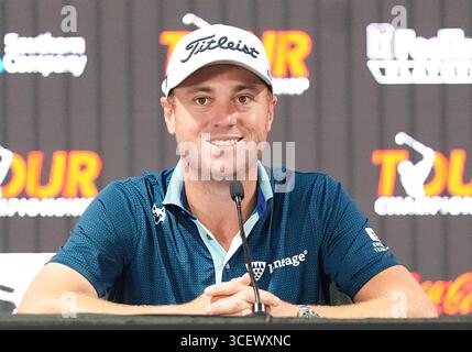 Atlanta, Géorgie, États-Unis. 19 août 2025. Justin Thomas (États-Unis) s’adresse aux médias avant le championnat du CIRCUIT 2025 à East Lake Golf Club. (Crédit image : © Debby Wong/ZUMA Press Wire) USAGE ÉDITORIAL SEULEMENT ! Non destiné à UN USAGE commercial ! Banque D'Images