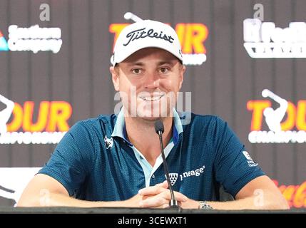 Atlanta, Géorgie, États-Unis. 19 août 2025. Justin Thomas (États-Unis) s’adresse aux médias avant le championnat du CIRCUIT 2025 à East Lake Golf Club. (Crédit image : © Debby Wong/ZUMA Press Wire) USAGE ÉDITORIAL SEULEMENT ! Non destiné à UN USAGE commercial ! Banque D'Images