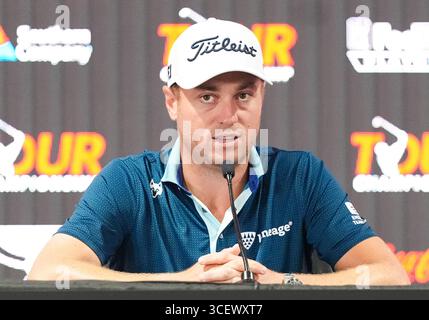 Atlanta, Géorgie, États-Unis. 19 août 2025. Justin Thomas (États-Unis) s’adresse aux médias avant le championnat du CIRCUIT 2025 à East Lake Golf Club. (Crédit image : © Debby Wong/ZUMA Press Wire) USAGE ÉDITORIAL SEULEMENT ! Non destiné à UN USAGE commercial ! Banque D'Images