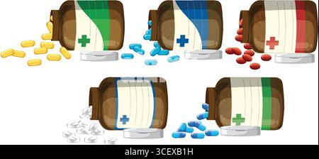 Illustration vectorielle de cinq bouteilles de médicaments brunes avec des étiquettes colorées, chacune renversant des pilules et des comprimés de couleur différente, disposés sur un backgro blanc Illustration de Vecteur