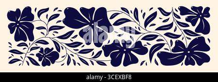 Murale Groovy Y2K avec des marguerites et des feuilles bleu foncé ondulées des années 70. Illustration de Vecteur