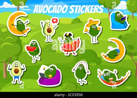Stickers pack de personnages d'avocat de bande dessinée dansant, relaxant, lisant, travaillant, mangeant, dormir et porter des costumes mexicains. Vectoriel lumineux, patchs fantaisistes pour les enfants avec des personnages de nourriture tex mex Illustration de Vecteur