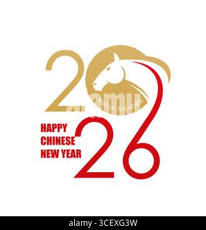 Carte de voeux vectorielle du nouvel an chinois de cheval de feu 2026 avec horoscope lunaire oriental ou symbole animal du zodiaque. Silhouette de tête de cheval dorée avec joyeux voeux du nouvel an chinois, festival du printemps asiatique Illustration de Vecteur