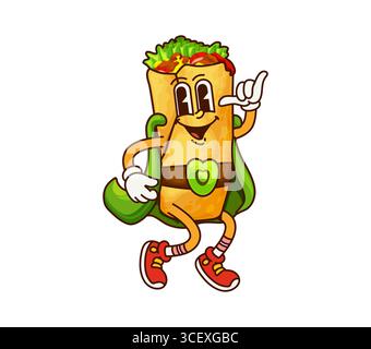 Dessin animé groovy tex mex burrito personnage de super-héros de restauration rapide. Vecteur drôle de livre de comics super héros mexicain de nourriture dans cape, gants et baskets. Puissant défenseur isolé de repas de conte de fées y2k Illustration de Vecteur