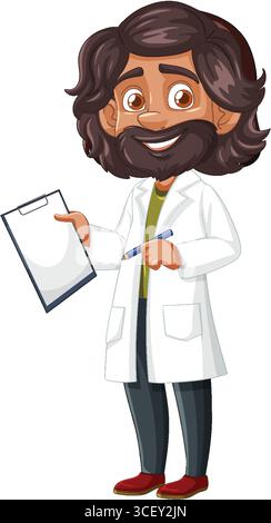 Illustration vectorielle de dessin animé d'un scientifique masculin joyeux avec les cheveux foncés et la barbe, portant une blouse de laboratoire, tenant un presse-papiers et un stylo Illustration de Vecteur