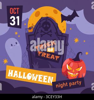 Flyer d'invitation d'Halloween ou bannière de vacances d'automne. Carte de voeux festive de saison de vecteur avec citrouille ou jack o lanterne, tombe et lune. Fête nocturne pour le festival d'octobre. Trick or Treat. Illustration de Vecteur