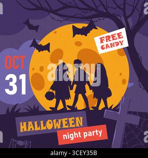 Affiche d'invitation de soirée pour Halloween. Bannière vectorielle pour l'annonce ou la célébration des vacances d'horreur d'automne. Flyer saisonnier effrayant et effrayant. Emballez ou traitez les enfants dans un costume effrayant Illustration de Vecteur