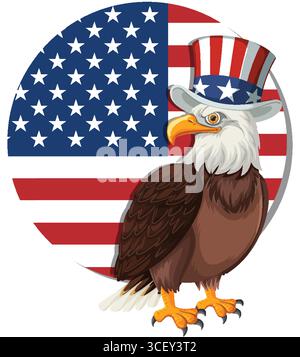 Illustration vectorielle d'un aigle chauve portant un chapeau patriotique, placé contre un drapeau américain en toile de fond. Couleurs vives et lignes épurées Illustration de Vecteur