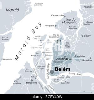 Belém et ses environs, Pará, Brésil, carte politique grise. Capitale et plus grande ville de l'État de Pará située dans la région nord du Brésil. Banque D'Images