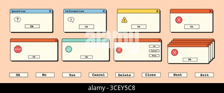 Fenêtres contextuelles d'erreur rétro vaporwave et fenêtres d'alerte avec des avertissements surréalistes, modèles de boîte de dialogue vierges du système informatique 90s, éléments pastel de l'interface utilisateur avec des messages Illustration de Vecteur
