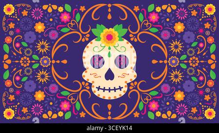 Dia de Muertos affiche horizontale crâne de sucre avec fleurs mexicain Journée de la bannière morte illustration Illustration de Vecteur