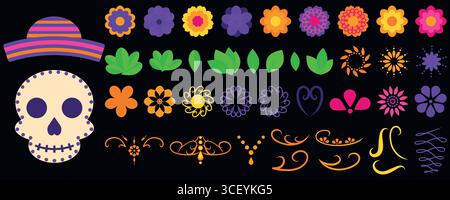 Dia de Muertos Clipart Set mexicain Day of the Dead Decorative Eléments Sugar Skull Flowers Leaves Ornaments Illustration de Vecteur