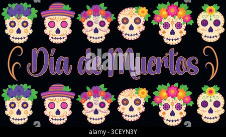 Dia de Muertos bannière crânes de sucre colorés avec des fleurs mexicaines Journée des morts illustration Illustration de Vecteur