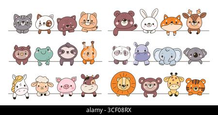 Jetez un coup d'œil aux animaux mignons. Drôles de petits personnages de dessins animés, mascottes de la faune derrière la ligne, chats, cerfs, panda kawaii, lions et éléphants visages heureux, dessin animé Illustration de Vecteur